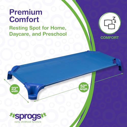 Image of Sprogs Heavy-Duty Stackable Standard Size 52 inchL Daycare Cots for Kids and Toddlers, Stacking Preschool Classroom Kids Cots for Sleeping, Resting, Naptime, Pack of 6, Blue