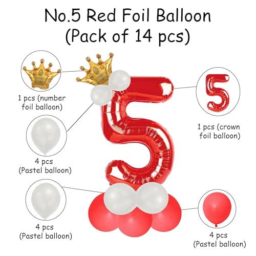 Image of Red 5 Number Foil Balloon with Crown & Base Balloons | 32 Inch Helium Supported for Birthday, Anniversary, Baby Shower Decoration - Pack of 14
