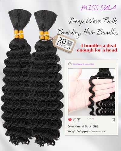 Deep Wave Bulk Braiding Hair Extensions-20 Inches 4 Bundles Natural Black Synthetic Curly Hair Bundle for Braiding,No Weft Braids for Human(20"-4 Bundles,1B#)