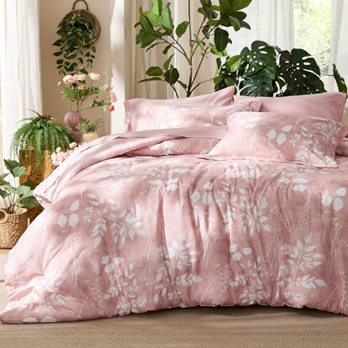 Image of Bedsure Floral Pink Comforter Set, Full Bedding Sets, 7 Piece | Bed in a Bag, Comforters, Bedroom, Reversible, Fluffy, Whisper-Quiet, All-Season, Polyester, Easy Care, Botanical-Chic, OEKO