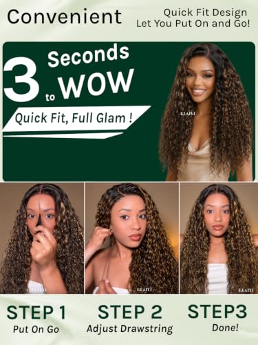 Image of KLAIYI Bye Bye Slip Ombre Highlight Balayage Brown Water Wave Glueless Precut 7x5Lace Front Wigs Human Hair Drawstring Pre Plucked Bleached Knots Dark Roots Curly 3S Ready to Wear and Go Wig 20Inch