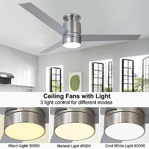 Flybull 046 Ceiling Fans With Lights Flush Mount, 52 Inch Modern Brushed Nickel Ceiling Fan With Light And Remote Control - 3 Blades Indoor Outdoor Ceiling Fan For Patio Farmhouse Bedroom  thumb #2