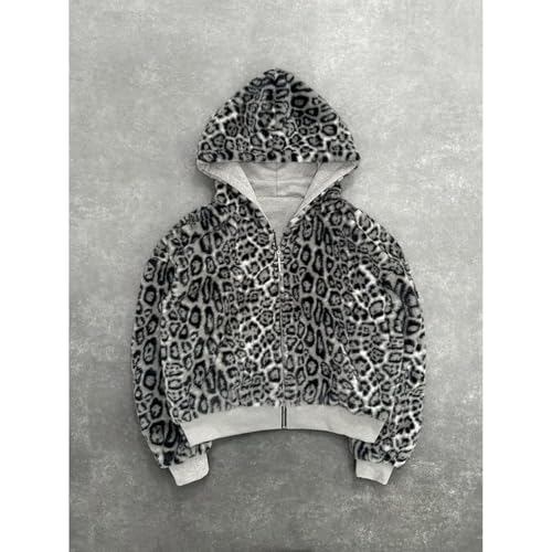 Fleece Lined Leopard Print Zip Up Hoodie Jacket Casual Loose Fit Pocket Street Style Warm Comfortable Streetwear3