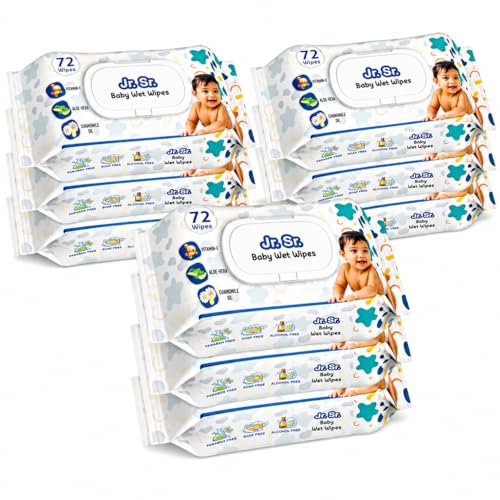 Image of Jr. Sr. Baby Wipes With Lid | 72 Wipes x Pack of 9, 648 Wipes | Safe & Moist Wet Wipes for Babies | Prevents Rashes & Redness with Goodness of Aloe Vera, Vitamin E & Chamomile Oil | No Paraben & No Alcohol