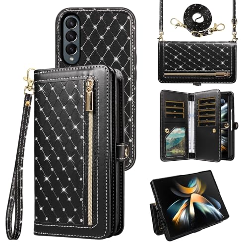 Asuwish Phone Case for Samsung Galaxy Z Fold 3 5G 2021 Zipper Wallet Detachable Magnetic Cell Cover with Crossbody Strap Bling Flip Credit Card Holder ZFold3 Z3 Fold3 3Z ZFold35G Women Girls Black