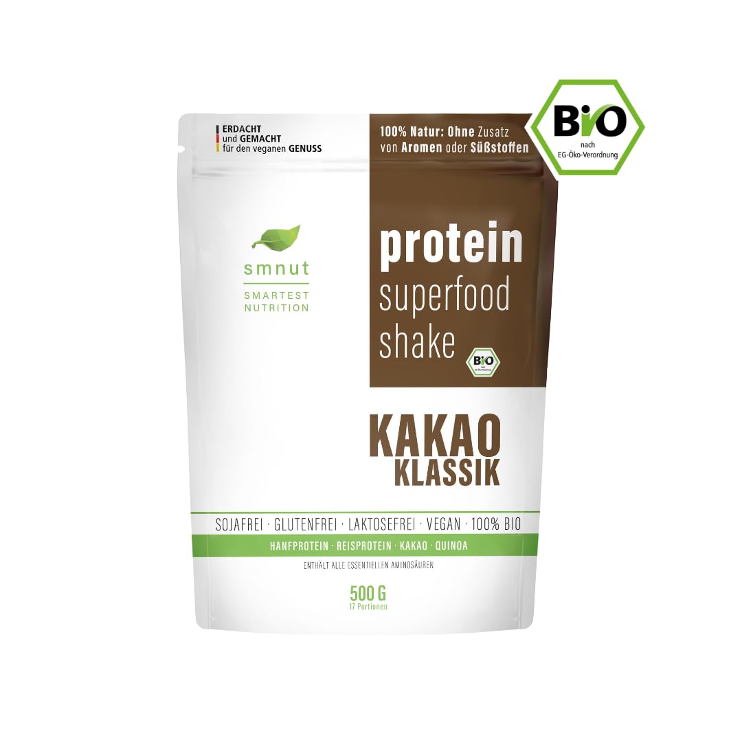 smnut protein superfood shake KAKAO KLASSIK | Bio Veganes Premium Proteinpulver | 100% Natur: Ohne Zusatz von Aromen oder Süßstoffen | Laktose- und Glutenfrei | 1000 g