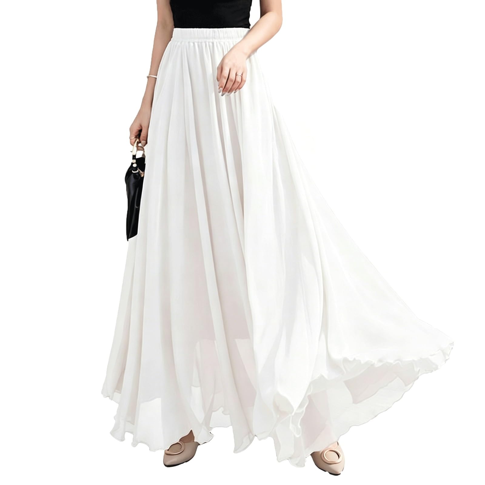 DUddTTW Solid Color Women's Maxi Skirts High Waisted Midi Swing Skirt Casual(Wei�,Lagre)
