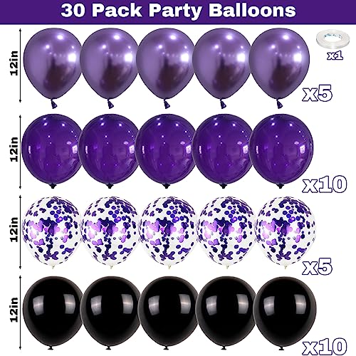 Image of Purple and Black Balloons, 12 Inch Metallic Purple Black Party Balloons Confetti Latex Helium Balloon for Halloween Graduation Birthday Wedding Party Decorations