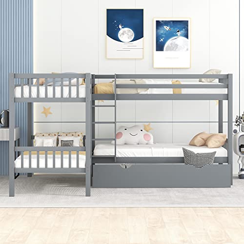 MERITLINE Wood Bunk Bed Twin Size for 4, Quad Bunk Beds Frame with Storage Drawers, Saving Space, No Box Spring Needed, Grey