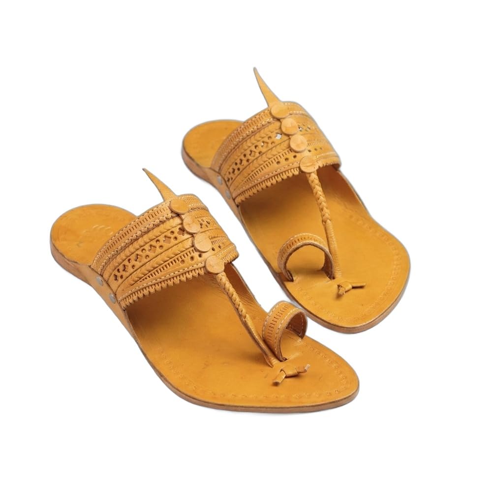 Suvarna Men's Kolhapuri Chappal for Men | Genuine Leather Handmade GI-Tagged Ethnic Sandals | Yellow Flat Slippers for Casual & Office-image-13