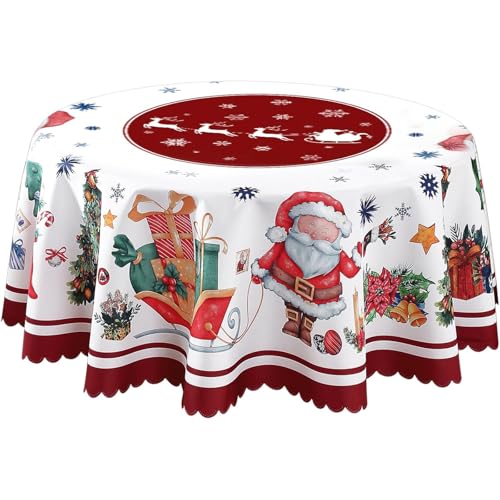 Christmas Table Cloth Christmas Round Tablecloth Snowflake Santa Claus White Washable Table Cloths Christmas Decorations Waterproof Chrismtas Table Cover for Dinner Table Holiday Party Picnic