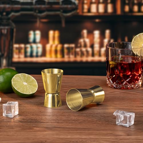 Image of Briout Double Cocktail Jigger Set - 2 Pcs Japanese Premium 304 Food Grade Stainless Steel, 1 OZ 1 /2 OZ, Flat Edge Gold