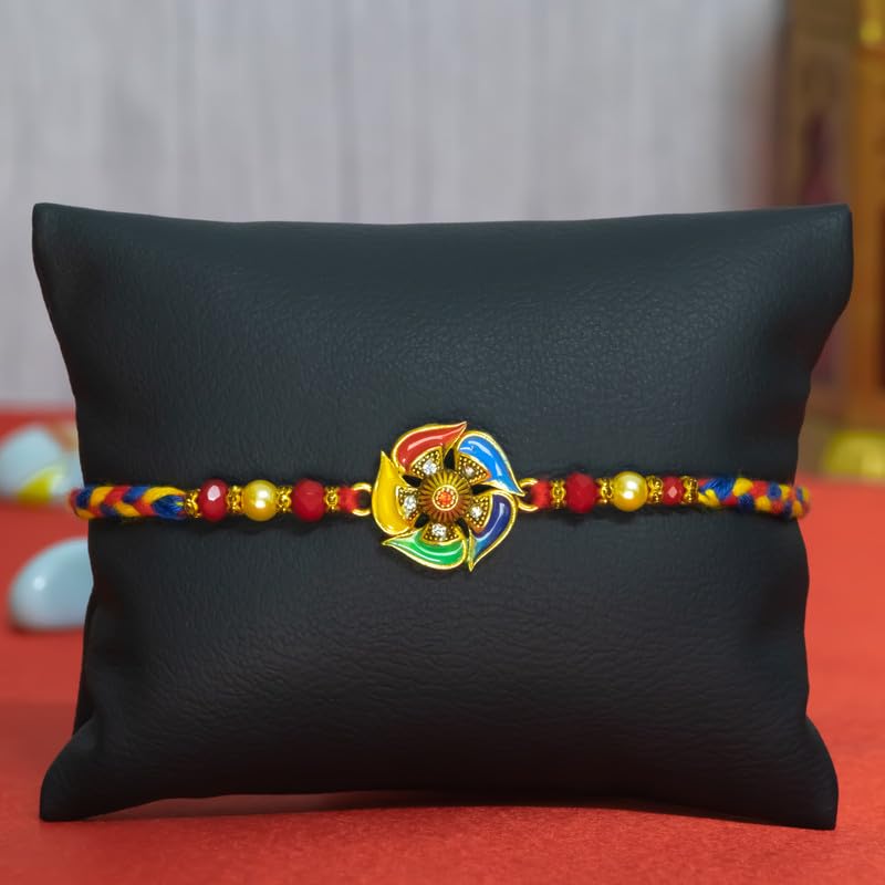 Image of Canton Rakhi With Chocolate Gift Combo, Pack of 3 Designer Rakhi For Brother With Chocolate Gift, Roli & Greeting Card (Design-7, Rakhi With Celebration)
