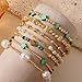 SHINUS BOHO 14K Gold Beaded Green Clover Stackable Bracelets for Women,7PCS Handmade Cross Pearl Beads Stretch Bracelet Stack Fashion St Patricks Day Accessories Gift Friendship Sister