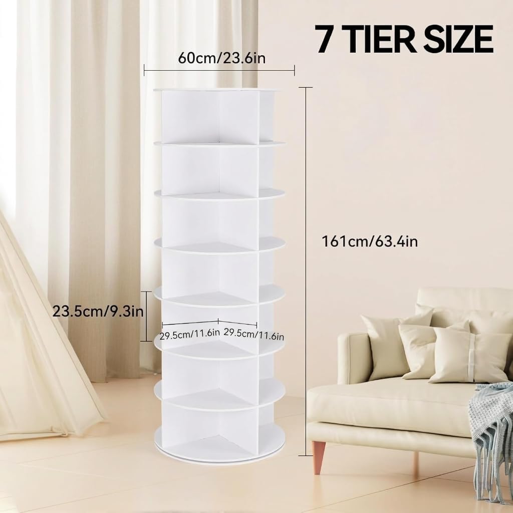 7 Tier Rotating Shoe Rack, Shoe Display with Lazy Susan, Revolving 360 Shoe Tower Storage Round Carousel, Vertical Handbag Rotate Shoes Closet Organization(23.6" W x 63.4" H)