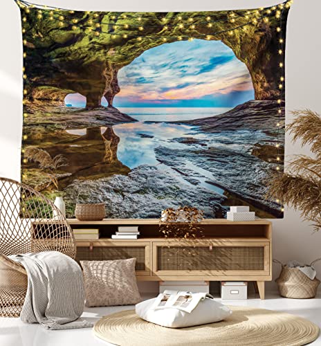 Ambesonne Natural Cave Tapestry, Rock Shelter With Lake Up On The Sea Mediterranean Wonders Wet Photo, Wall Hanging For Bedroom Living Room Dorm Decor, 60" X 80", Blue Cream #TOP6