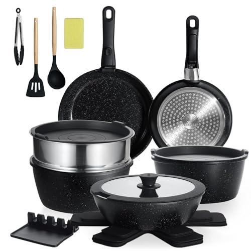 BECIGAR 21PCS ceramic cookware set,Nonstick ceramic pan, Removable Handle pots and pans set, Stackable Pan Set, Nonstick Pots and Pans Set Non Stick(Black)