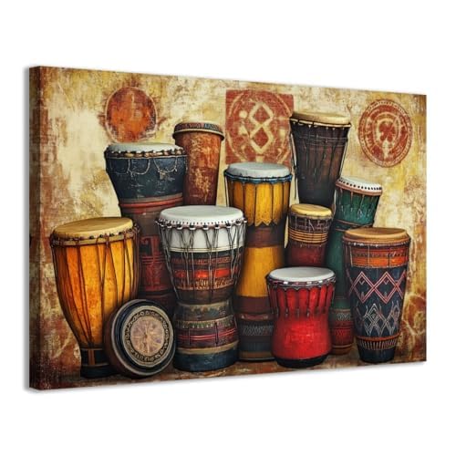 VCBNUGH Murale con percussioni, arte su tela con tamburi tribali, dipinto musicale vintage e culturale, adatto per arredamento bohémien (20x35 cm/con cornice)