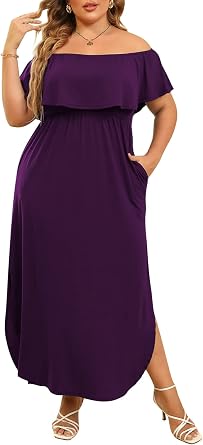 Nemidor Women Plus Size Off Shoulder Maxi Dress Loose Summer Slit Pocket | Flounce layer, casual long dress, elastic waist, stretch knit, 1426 plus, maternity, wedding guest, vacation, beach, party