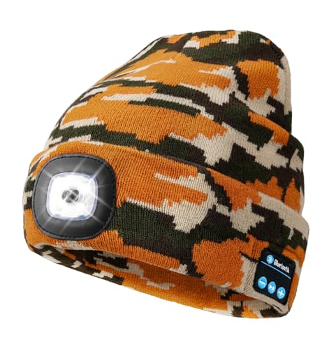 Image of Wmcaps Bluetooth Beanie with a Light, Unisex USB Rechargeable 4 LED Fashlight Hat with Cordless Headphones, Unique Christmas Birthday Gifts for Men Him Husband Teen