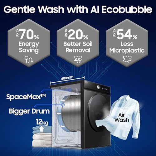 Image of Samsung 12 kg (Wash) / 7 kg (Dry), 5 Star, AI EcoBubble, AI Control, AI Energy Mode, Air Wash, Hygiene Steam, Wi-Fi, Digital Inverter, Fully-Automatic Front Load Washer Dryer (WD12FB7B34GBTL, Black)