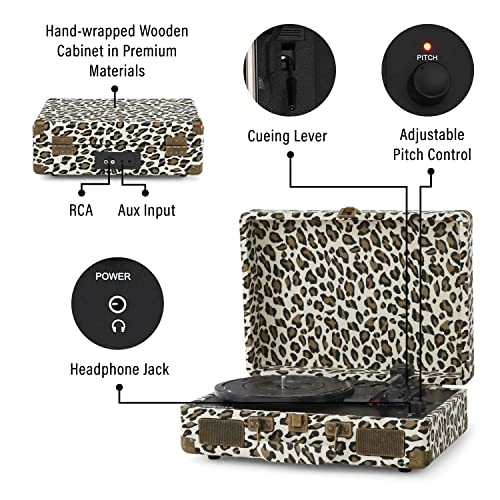 Image of Crosley CR8005F-LP Cruiser Plus Vintage 3-Speed Bluetooth in /Out Suitcase Vinyl Record Player Turntable, Leopard