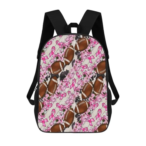 OBLUE Breast Cancer Awareness Pink Ribbon Football Backpack 17 Inch Shoulders Daypack Simple Leisure Travel Bag