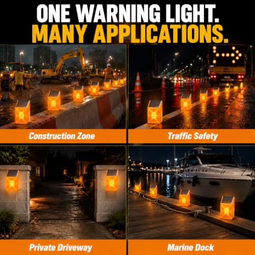 Image of Solar Strobe Warning Light: High Visibility LED Warning Lamp Waterproof Flashing Beacon Barricade Construction Road Safety Traffic Light, Easy Installation for Driveways Dock (12PCS-Yellow)