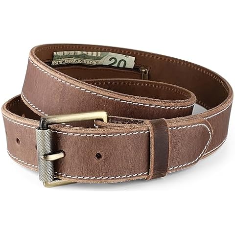 Men’s Money Full Grain leather Belt, Hidden zipper Pocket, USA,classic BROWN,MB20,size 40 Cover