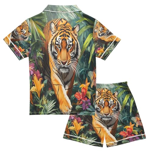 ALAZA Tiger Palm Leaf Blossom Satin Pajamas Set Short Sleeve Button Down Sleepwear Summer Pjs 2 Piece2