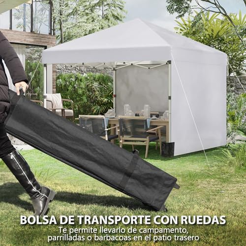 Miniatura 8 de Outsunny Carpa Plegable Pop-Up Gazebo 3x3 M Cenador Plegable Con 2 Paredes Laterales Anti-Uv Altura Ajustable En 3 Niveles Sacos De Arena Y Bolsa De Transporte Con Ruedas Para Camping Fiestas Blanco