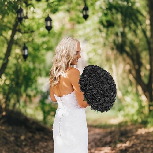 Image of 50 PCS Black Roses Artificial Flowers, Fake Roses with Stem Realistic Silk Roses for DIY Wedding Bouquets Table Centerpieces Arrangements Baby Shower Birthday Home Decor Valentine's Day Gift for Her