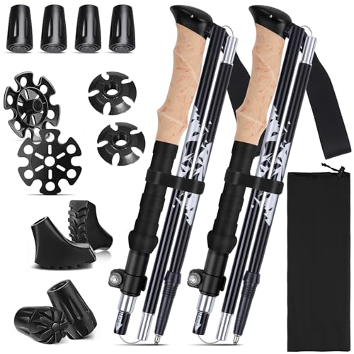 WILLONG Wanderstöcke Faltbar Carbon Oder Aluminium mit Korkgriff-115-135 cm Klappbar & Ultra-leicht- Damen & Herren Trekkingstöcke & Nordic Walking Stöcke - Wanderstock mit Gummipuffer (Schwarz)