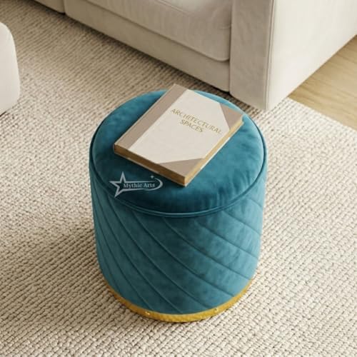 Image of Ottoman Stool, Puffy Stool, Sitting Stool, Modern Upholstered Round Ottoman, Dressing Table for Living-Aqua