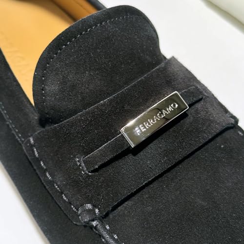 Grenoble Gancini Black Suede Leather Dress Loafers Buckle Mens Drivers Shoes, Nero3