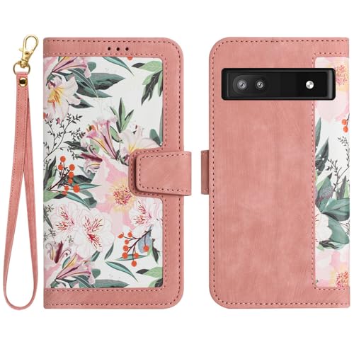 Étui Google Pixel 8A anti-choc portefeuille en cuir fleur rose