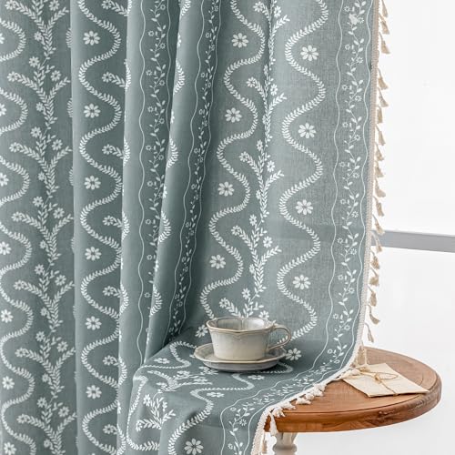 Image of Boho Curtains 63 Inch Long for Living Room, Bedroom, 2 Panels Floral Farmhouse Vintage Tassel Semi Sheer Light Filtering Privacy Window Curtain Drapes with Rod Pocket,Gray