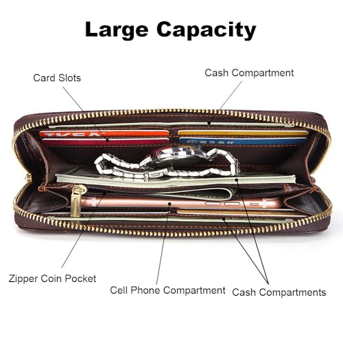 Genuine Leather Long Wallet for Men Large Business Clutch Zip Around Travel Wallet Checkbook Cash Credit Card Holder Phone Holder (Coffee)3