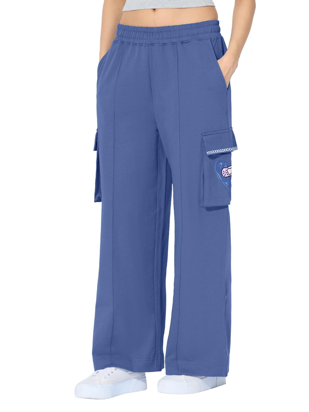 The Souled Store Cargo Joggers: 99% Angel Women and Girls Pull On Blue Embroidered Cotton Loose Fit Flared Joggers in blue