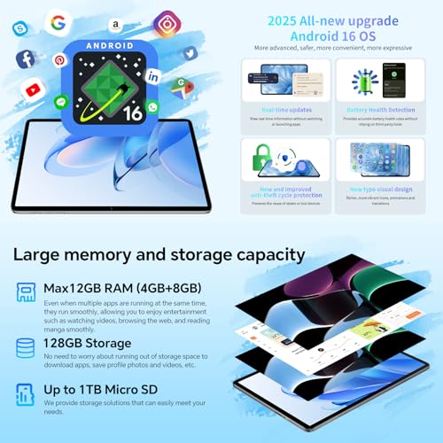 Image of TECLAST Android 16 Tablet 10 inch, Tablet with Keyboard+Case+Mouse+Stylus 10 Accessories Set, 12GB RAM+128GB ROM (1TB TF), T7250(T610) Octa-core CPU, 5G Wi-Fi /Widevine L1 /GPS /6000mAh /BT5 /GMS /OTG, 2026