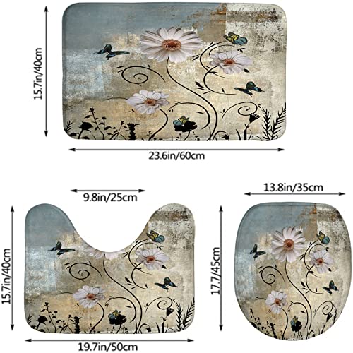 DYCBNESS Badezimmerteppich-Set, 3-teilig, rustikale Gänseblümchen, Blumen, Schmetterling, Grau, Beige, abstrakte Kunst, Wandmalerei, Badteppiche mit U-förmigem Konturenteppich, WC-Deckelbezug – Bild 4