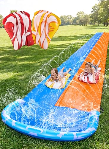 JOYIN 22.5ft Water Slides and 2 Bodyboards, Lawn Water Slide Summer Slip Waterslides Water Toy with Build in Sprinkler for Backyard Outdoor Water Fun for Kids
