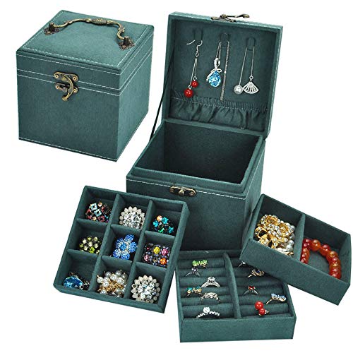 Anguipie Jewelry Box, 3 Layers Jewelry Organizer Box for Women Girls, Small Jewelry Storage Box for Vintage Style, Earring Accessories Storage Travel Jewelry Caseï¼ŒGreen