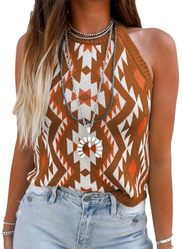 Image of MARZXIN Women Sleeveless Sweater Tank Round Neck Casual Aztec Geometric Knit Sweater Top