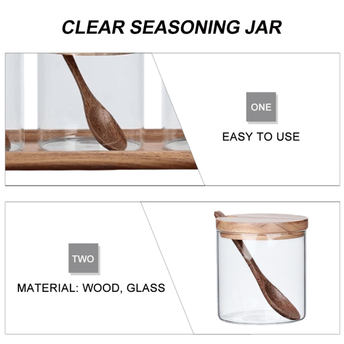 CANIGHT 1 Satz Gewürzbehälter aus Glas mit Holzdeckel Löffel und Tablett Durchsichtiges Aufbewahrungsgefäß für Küche Praktischer Gewürzaufbewahrungstopf für Hausgebrauch