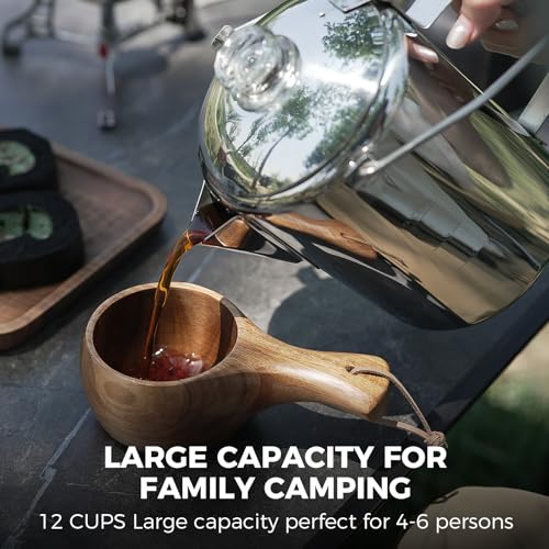 Image of KingCamp Percolator Coffee Pot,304 Stainless Steel,Large Capacity,12 Cup | No Aluminum or Plastic,Wood Handle,Campfire Coffee Boiler Kettle for Outdoor Camping Cookware,Cabin,Backpacking