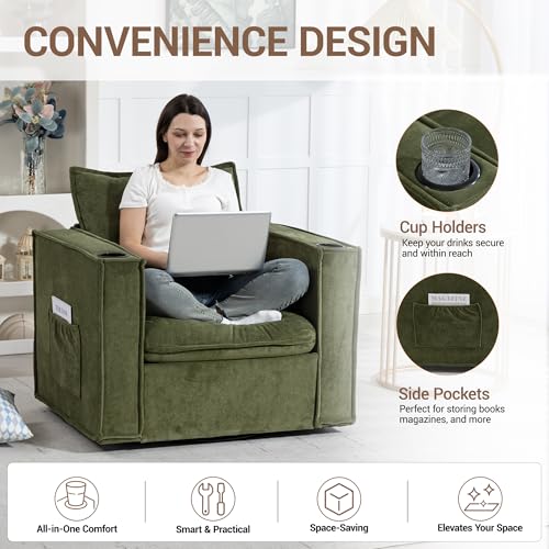 Image of 32 inch Wide Swivel Accent Chair Set of 2 with Cup Holders, Green | Comfy Armchair, Side Pockets, Modern Chenille Sofa Couch, Living Room, Bedroom, Corner
