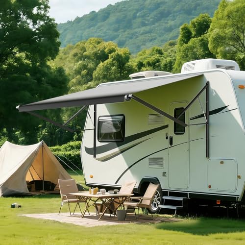 EROMMY 10FT Electric RV Awning with Motor & Manual Crank Retractable Camper Awning for RVs Trailers 5th Wheels & Motorhomes Adjustable Arms Black Fade Fabric