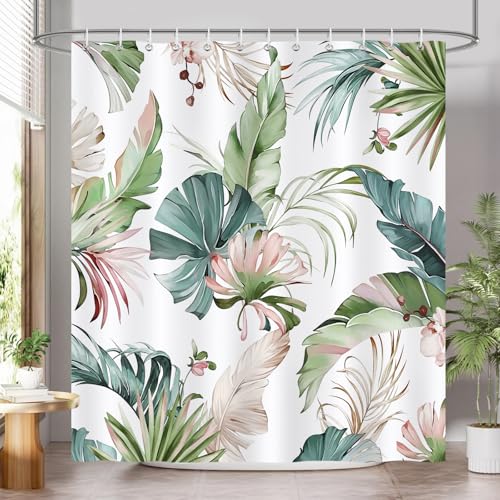 COZZSNUGE Tropical Leaves Shower Curtain Pink and Green Palm Leaf Monstera Jungle Plant Summer Shower Curtain for Bathroom Waterproof Polyester Fabric with 12 Hooks 72 x 72 Inches