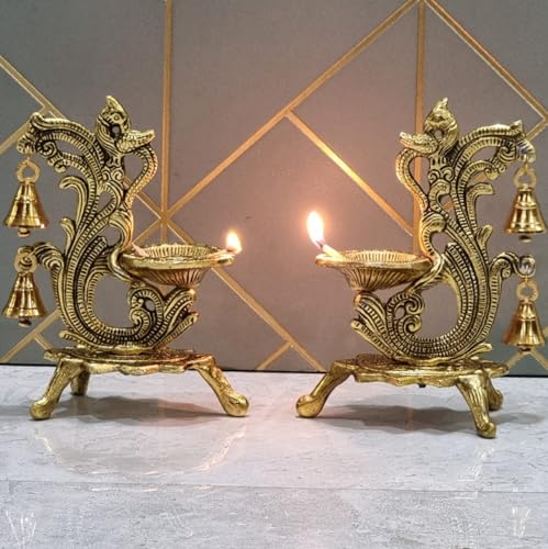 Image of Saudeep India Oxidized Metal Diya for Puja | Peacock Design Oil Diwali Lamp | Antique Akhand Diya for Temple, Home Decor, Pooja Room, Festivals (Gold, 14x9x20cm) (Pack of 2)